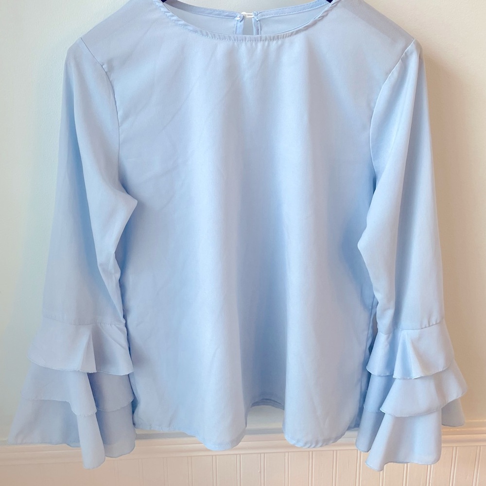 🎁 Sheer Light Blue Blouse with Ruffled Sleeves XL